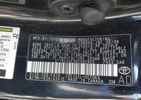 2009 Toyota Corolla Le z USA, uszkodzony, nr VIN 2T1BU40E99C062855